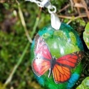 Handcrafted Green Butterfly Pendant Necklace - Red Orange Accent